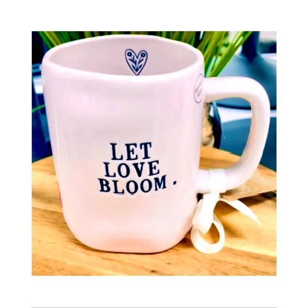 NWT Rae Dunn Gorgeous Pink with Black Raised Letters & Heart Let Love Bloom Mug